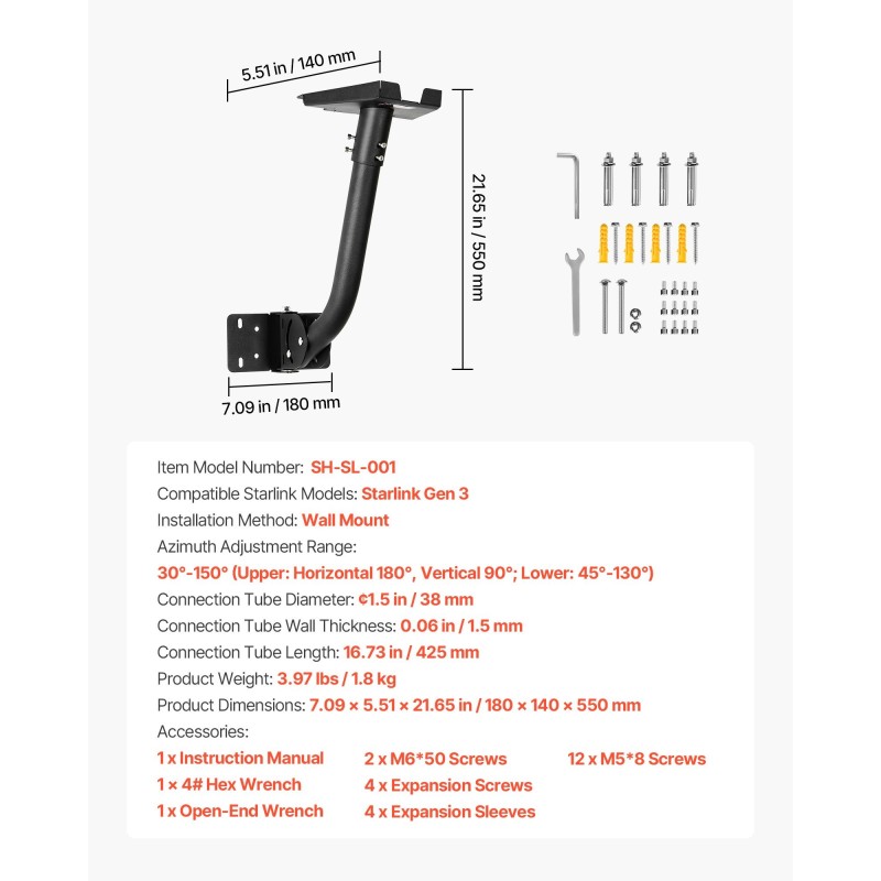 Seinäkiinnike Starlink Gen3 yhteensopiva säädettävä teräsputki 38 mm 425 mm