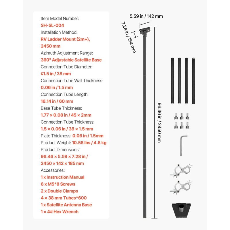 Satelliittiantennin terästeline matkailuauton tikkaisiin 2450 mm musta 360-asteinen säädettävä