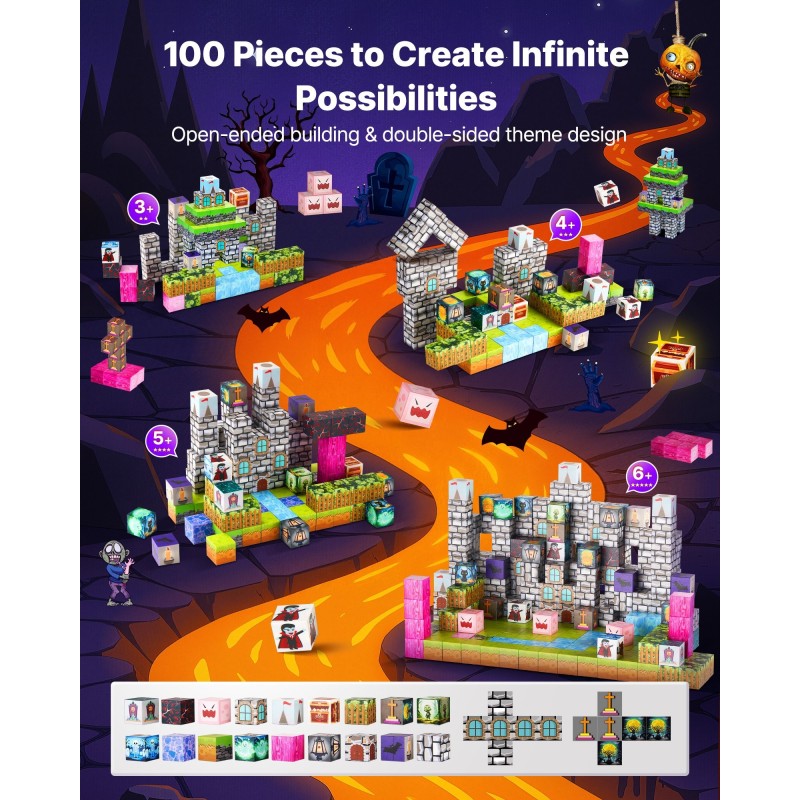 Magneettiset rakennuskuutiot sata osaa hautausmaa ja zombiteema lapsille