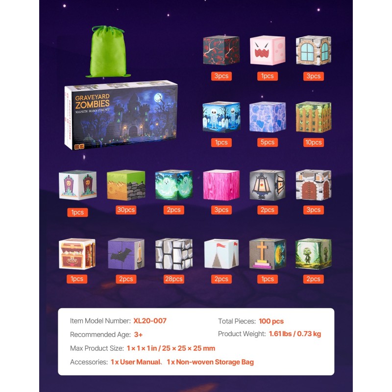 Magneettiset rakennuskuutiot sata osaa hautausmaa ja zombiteema lapsille