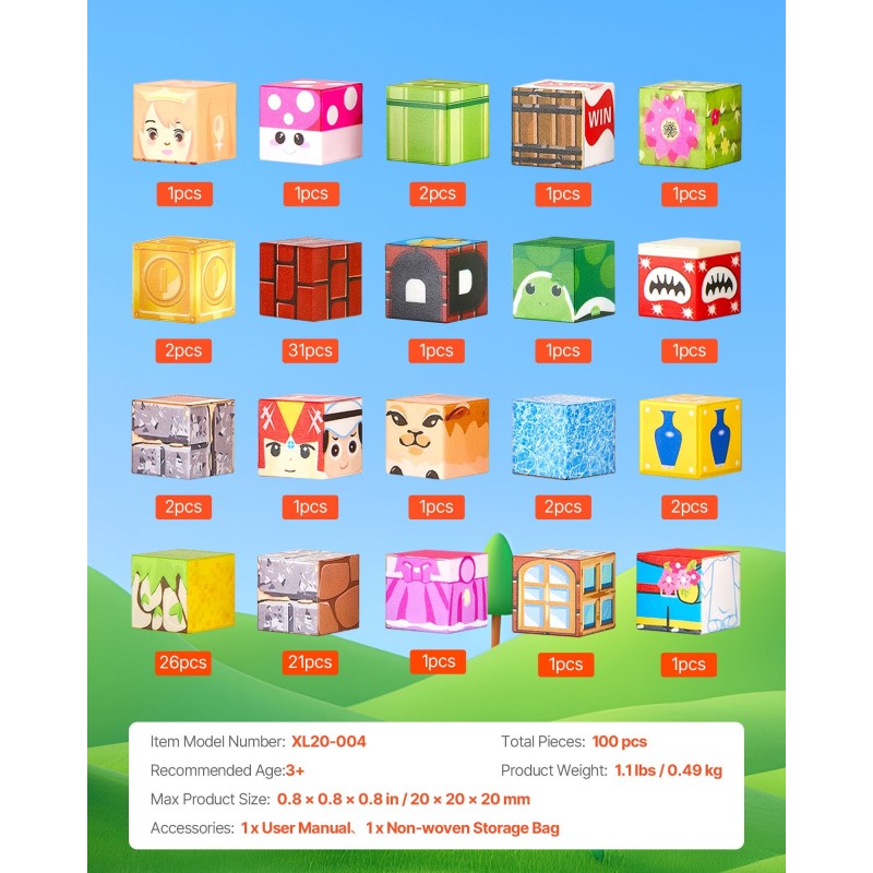 Magneettiset rakennuskuutiot 100 kpl 20 mm kangaspussilla 3+