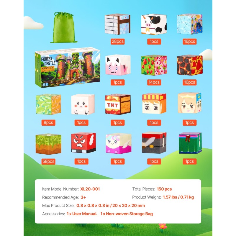 Magneettikuutiosetti 150-osainen metsälinnasetti 20 mm kuutioilla kangaspussilla