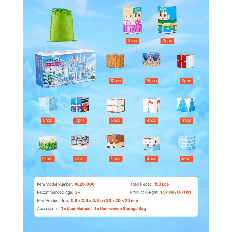 Magneettikuutiosetti 150 kpl 20 mm kuutiot jääkastelinna-teemainen sisältää kangaspussin