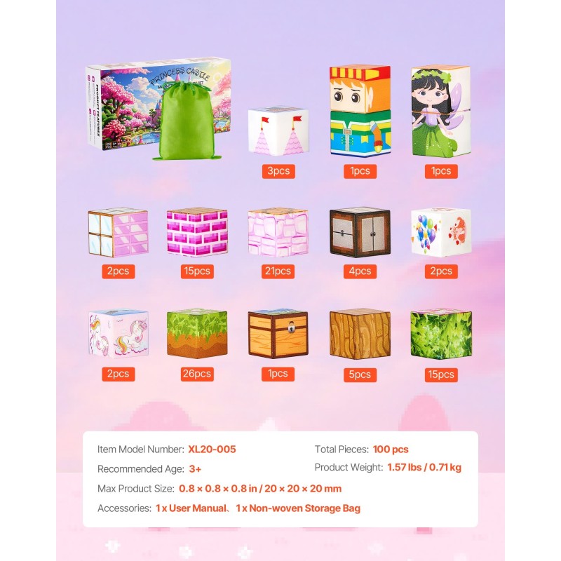 Magneettipalikkasetti sata osaa kaksikymmentä millimetriä kokoiset kuutiot kangaspussilla sopii yli kolmivuotiaille