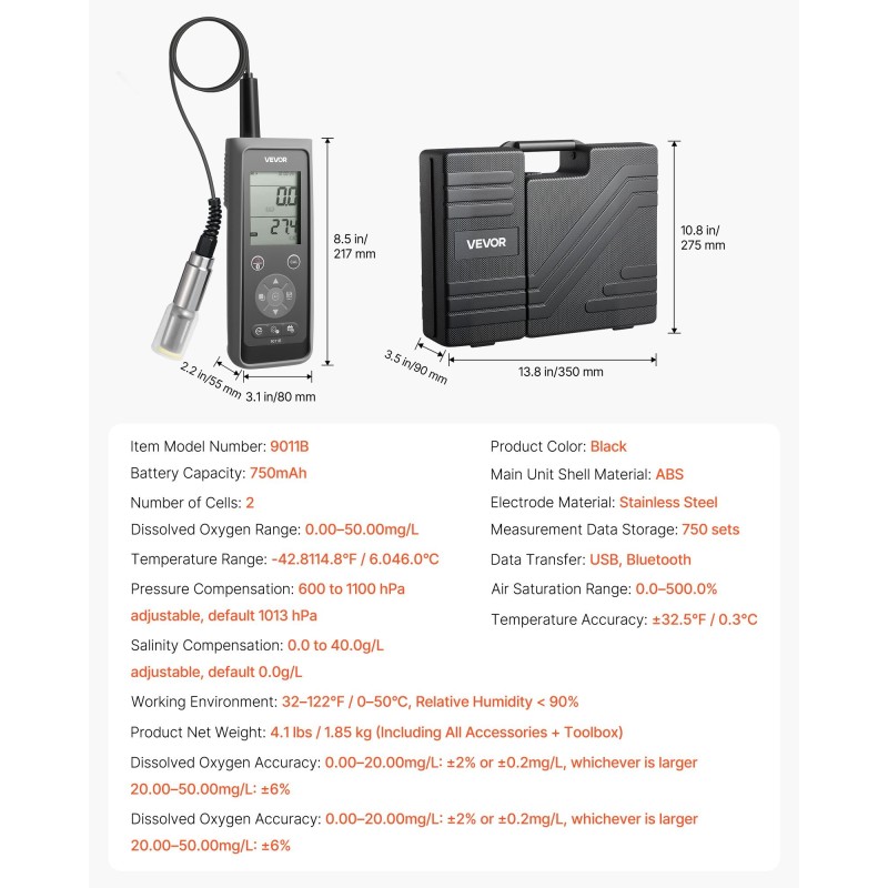 Kannettava liuenneen hapen mittari 0–50 mg/L IP67 Bluetooth-yhteys USB-liitäntä 4 m elektrodikaapeli