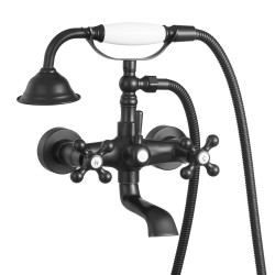 Seinään asennettava ammeen hana täysmessinkinen mattamusta käsisuihkulla keraamisella kasetilla