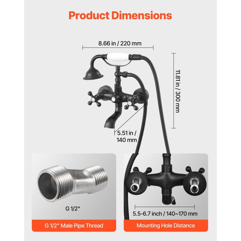 Seinään asennettava ammeen hana täysmessinkinen mattamusta käsisuihkulla keraamisella kasetilla