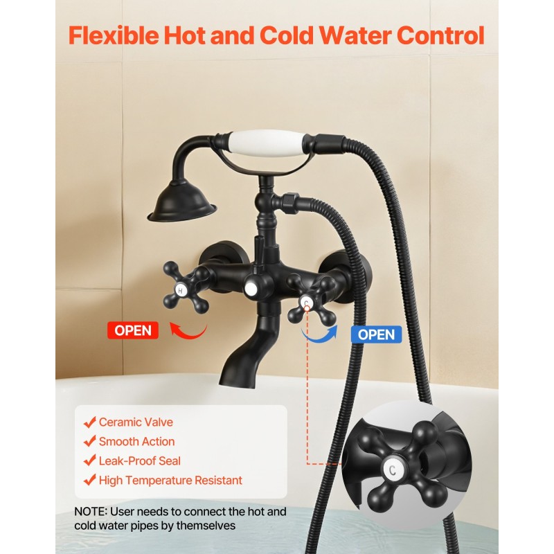 Seinään asennettava ammeen hana täysmessinkinen mattamusta käsisuihkulla keraamisella kasetilla