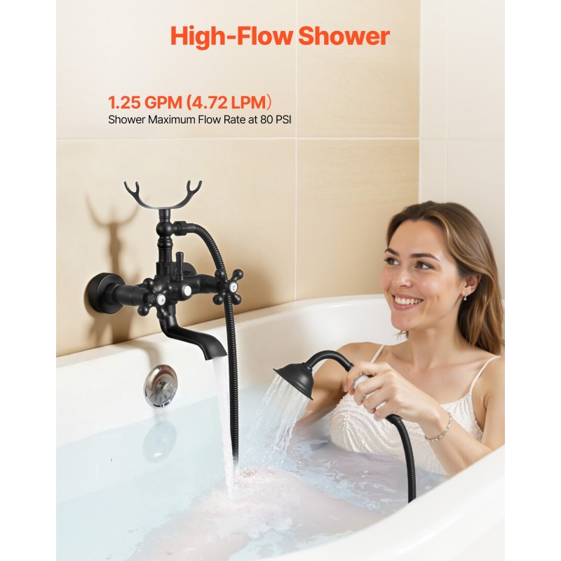 Seinään asennettava ammeen hana täysmessinkinen mattamusta käsisuihkulla keraamisella kasetilla