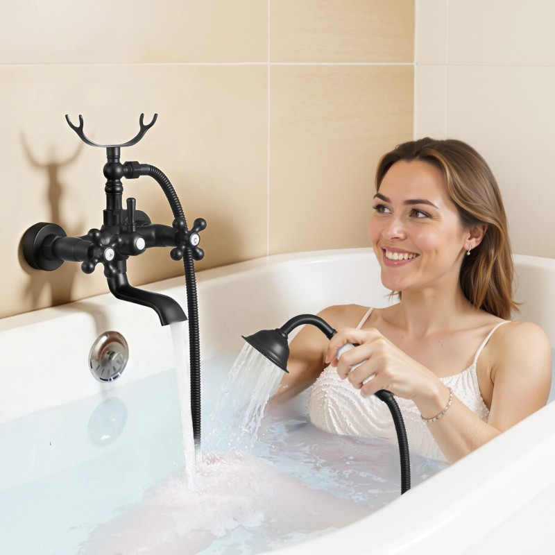 Seinään asennettava ammeen hana täysmessinkinen mattamusta käsisuihkulla keraamisella kasetilla