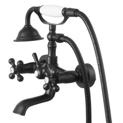 Seinään asennettava ammeen hana täysmessinkinen mattamusta käsisuihkulla keraamisella kasetilla