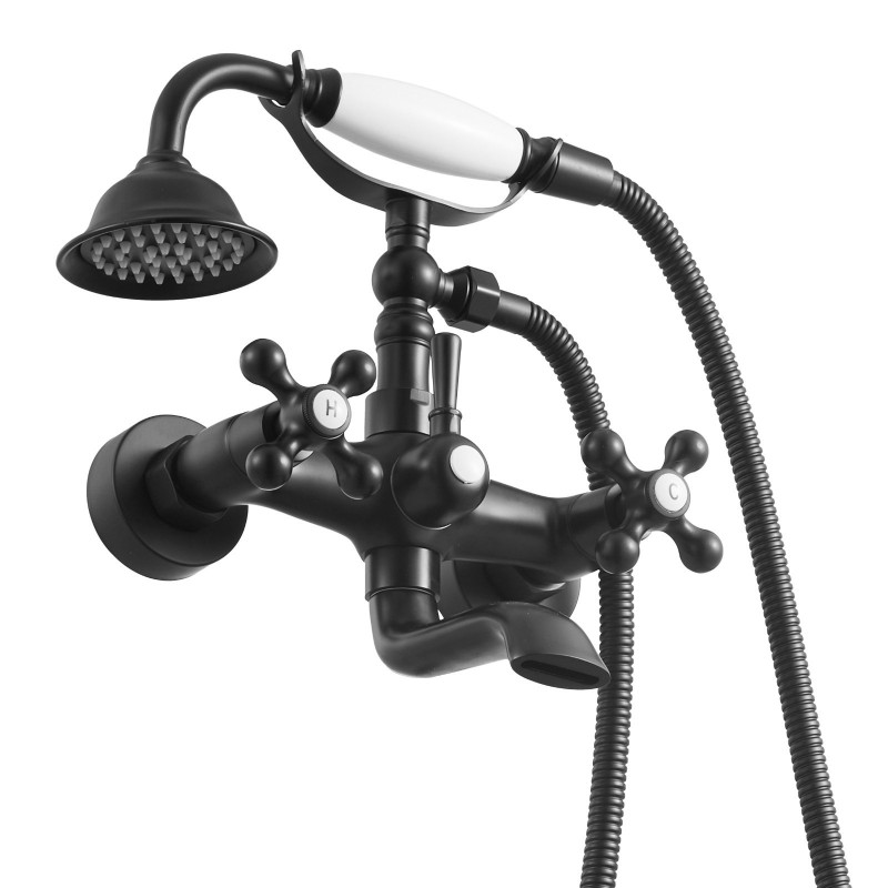 Seinään asennettava ammeen hana täysmessinkinen mattamusta käsisuihkulla keraamisella kasetilla