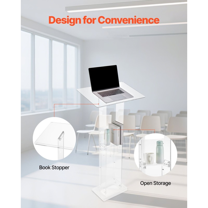 Akryylinen puhujapöytä 1265 millimetriä korkea läpinäkyvä luentoihin