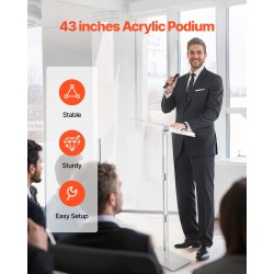 Puhujapöytä akryylinen 1100 mm korkea läpinäkyvä säädettävä pöytätaso kirjaklipsillä