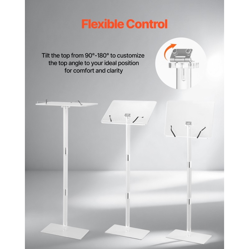 Puhujapöytä akryylinen 1100 mm korkea läpinäkyvä säädettävä pöytätaso kirjaklipsillä