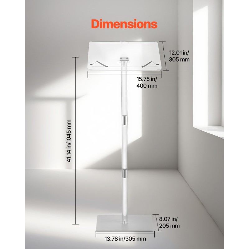 Puhujapöytä akryylinen 1100 mm korkea läpinäkyvä säädettävä pöytätaso kirjaklipsillä