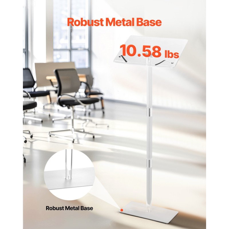 Puhujapöytä akryylinen 1100 mm korkea läpinäkyvä säädettävä pöytätaso kirjaklipsillä