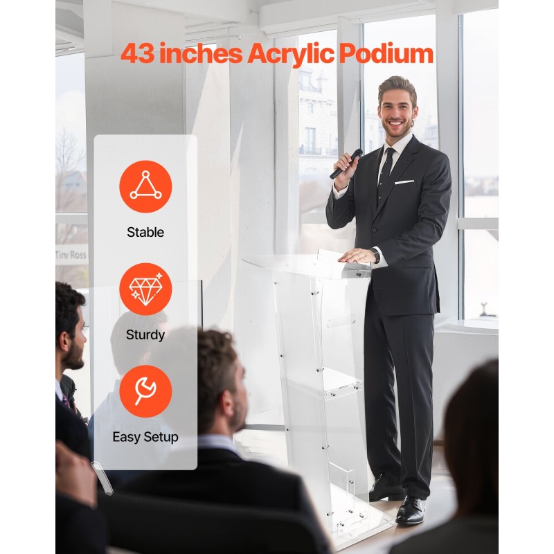 Akryylinen lattialla seisova puhujakoroke 1100 mm korkea leveällä lukutasolla