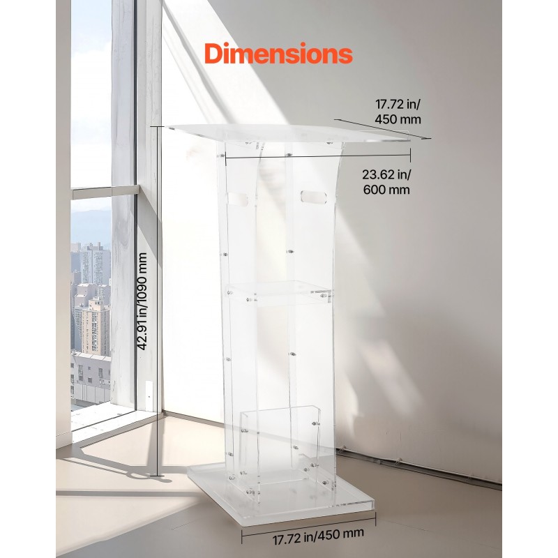 Akryylinen lattialla seisova puhujakoroke 1100 mm korkea leveällä lukutasolla