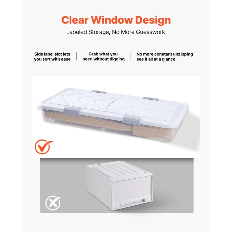 Sängynalussäilytyslaatikko matala pyörillä 2 kpl läpinäkyvällä kannella 57 l