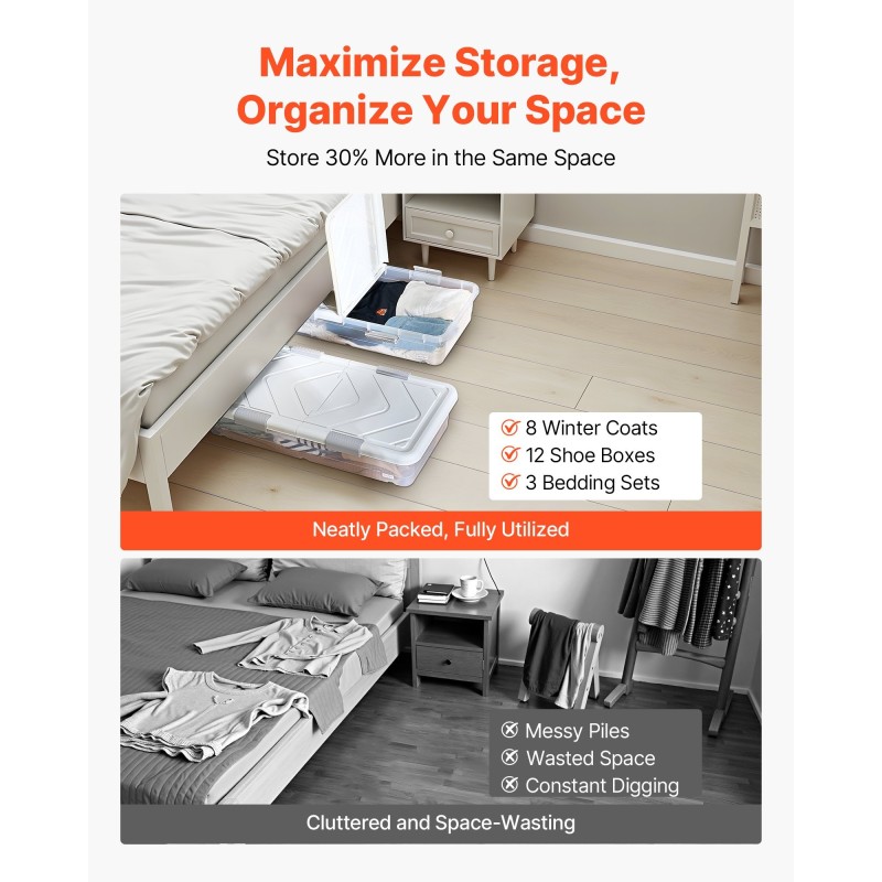 Sängynalussäilytyslaatikko matala pyörillä 2 kpl läpinäkyvällä kannella 57 l