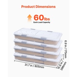 Sängynalussäilytyslaatikot 4 kpl 42 l 805 x 396 x 175 mm läpinäkyvällä kannella pyörillä