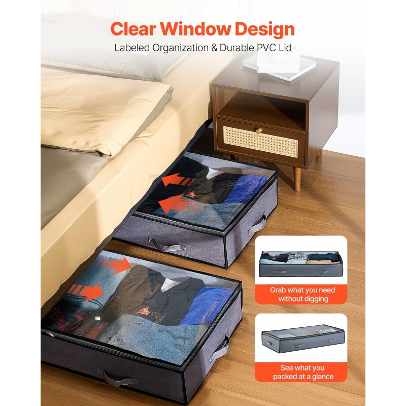 Sängynaluslaatikot 6 kpl 90 l laatikkoa kohti matala profiili läpinäkyvillä kansilla pyörillä