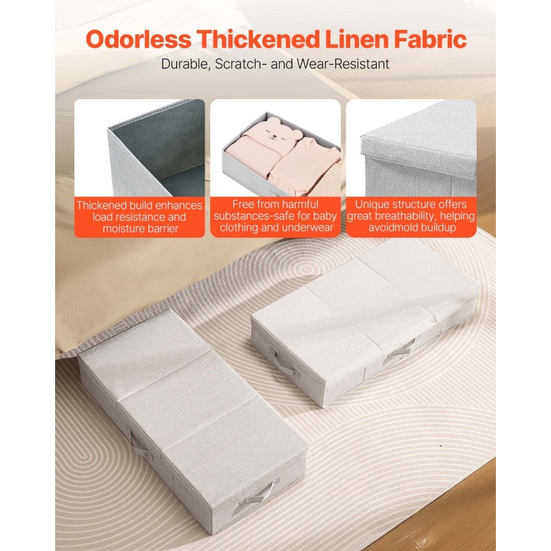 Sängynaluslaatikot 2 kpl 48 l matalaprofiiliset harmaat kannella ja taitettavat