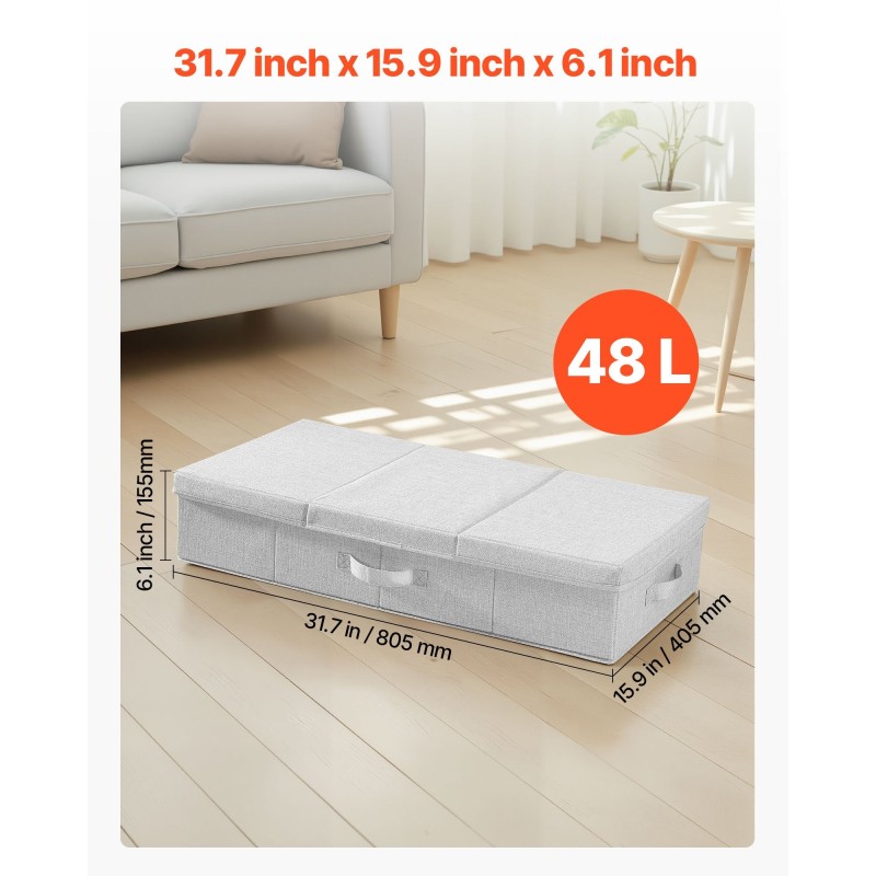 Sängynaluslaatikot 2 kpl 48 l matalaprofiiliset harmaat kannella ja taitettavat