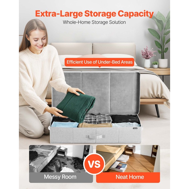 Sängynaluslaatikot 2 kpl 48 l matalaprofiiliset harmaat kannella ja taitettavat