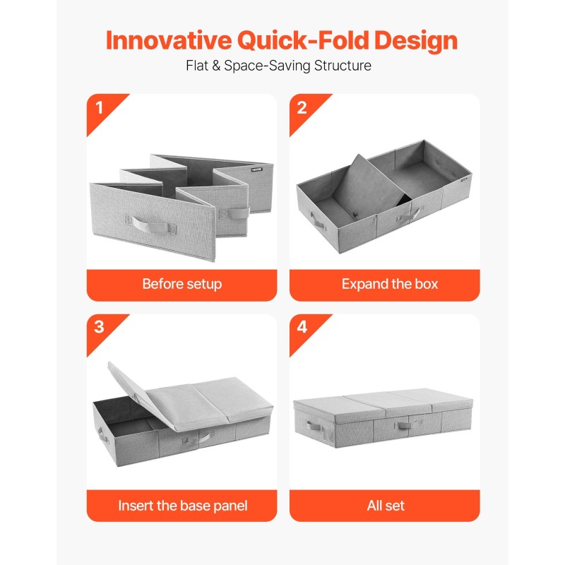 Sängynaluslaatikot 2 kpl 48 l matalaprofiiliset harmaat kannella ja taitettavat