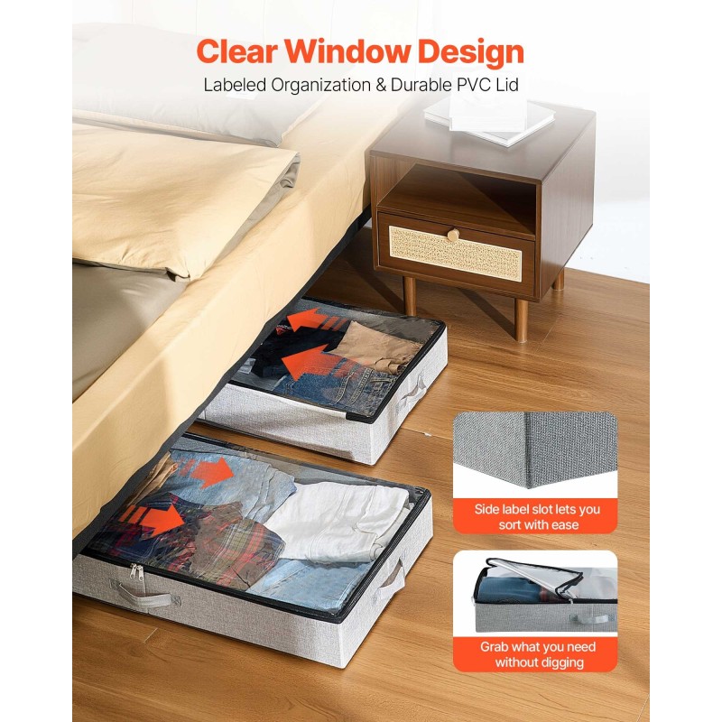 Matalat taitettavat sängynalussäilytyslaatikot 2 kpl 45 l läpinäkyvällä kannella