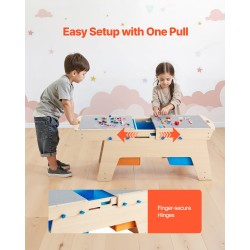 Puinen kaksipuolinen aktiviteettipöytä kahdelle lapselle kaksisataa rakennuspalikkaa kolmella säilytyslaatikolla