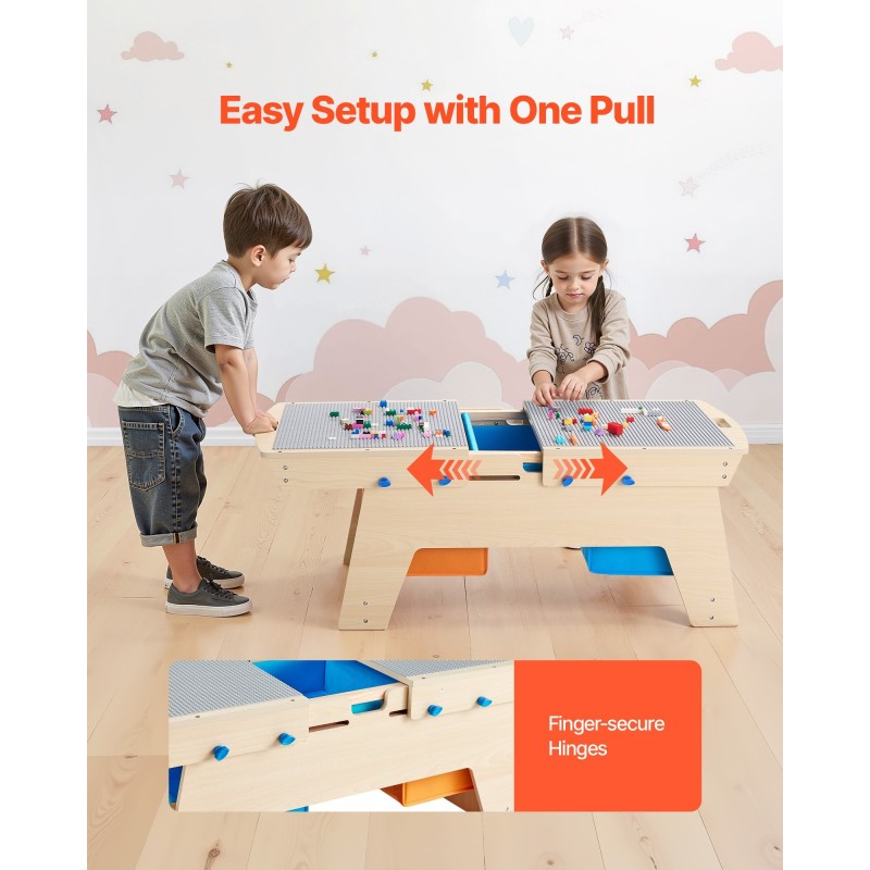 Puinen kaksipuolinen aktiviteettipöytä kahdelle lapselle kaksisataa rakennuspalikkaa kolmella säilytyslaatikolla