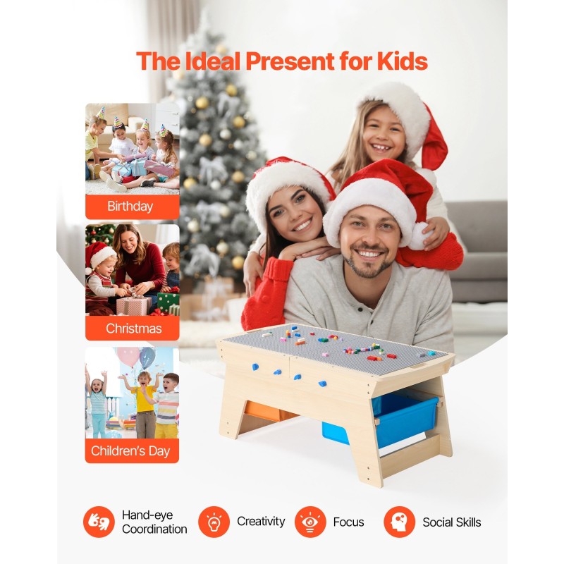 Puinen kaksipuolinen aktiviteettipöytä kahdelle lapselle kaksisataa rakennuspalikkaa kolmella säilytyslaatikolla