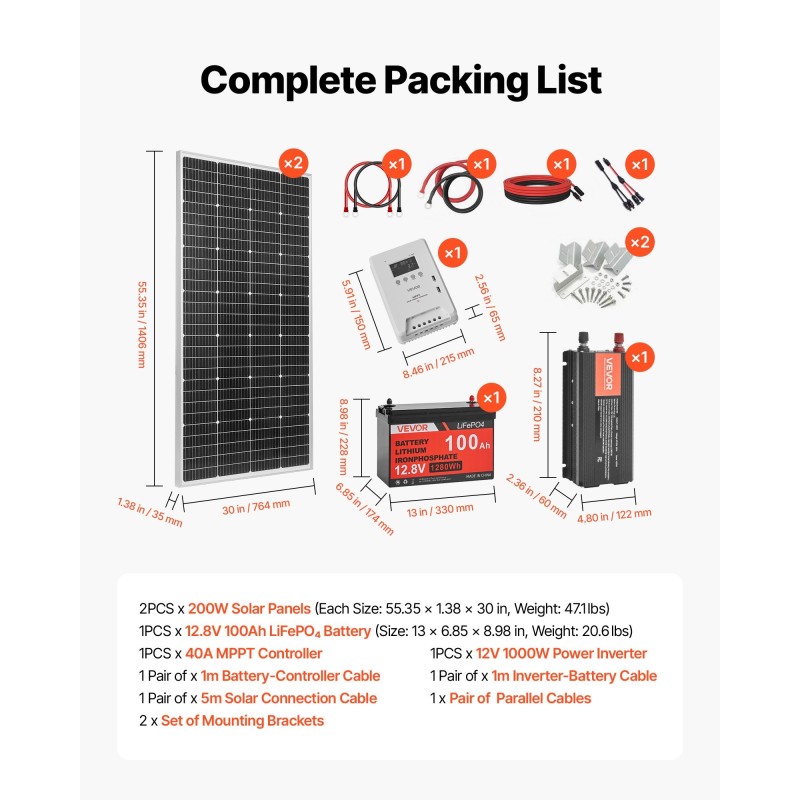 Aurinkosähköpaketti 400W 2 kpl 200W yksikideaurinkopaneelia 12.8V 100Ah LiFePO4-akulla