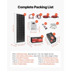 12V aurinkosähköpaketti 400W 4x100W monokidepaneelit 12.8V 200Ah LiFePO4-akku 40A MPPT-laturisäädin 2000W invertteri