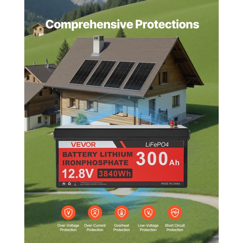 Aurinkosähköpaketti 800W 12V 4x200W yksikidepaneelit 12.8V 300Ah LiFePO4 akku 2000W invertteri