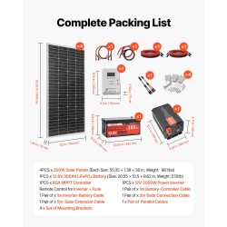 Aurinkosähköpaketti 800W 12V 4x200W yksikidepaneelit 12.8V 300Ah LiFePO4 akku 2000W invertteri