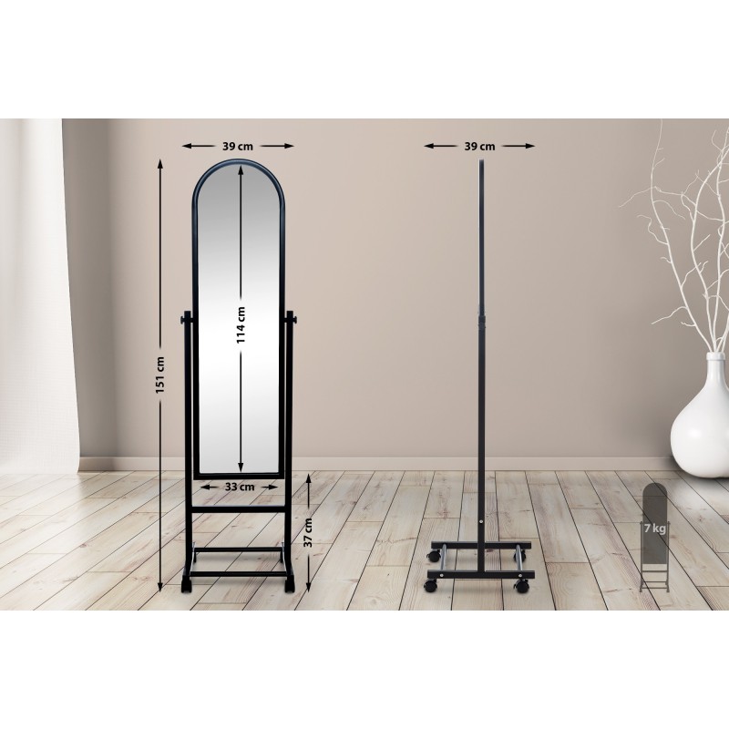 Tyylikäs seisova kokovartalon peili pyörillä ja säädettävällä kulmalla