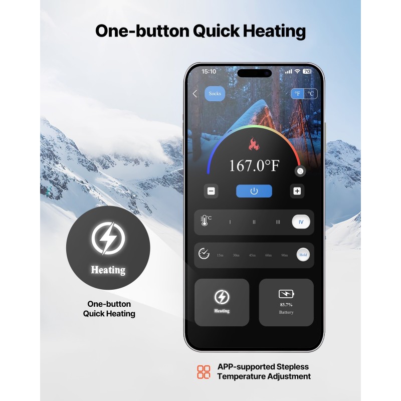 Lämpösukat modal-ydinlangasta tekoturkisvuorella XL ladattava 5000mAh akku sovelluksella ohjattava