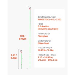 Teleskooppinen oksasaha lasikuituvarsi 8 m 65Mn-teräs oksien karsintaan