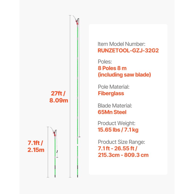 Teleskooppinen oksasaha lasikuituvarsi 8 m 65Mn-teräs oksien karsintaan