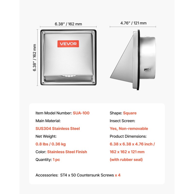 Seinäventtiilin suojus SUS304 ruostumaton teräs neliö 162x162x121 mm 1 kpl