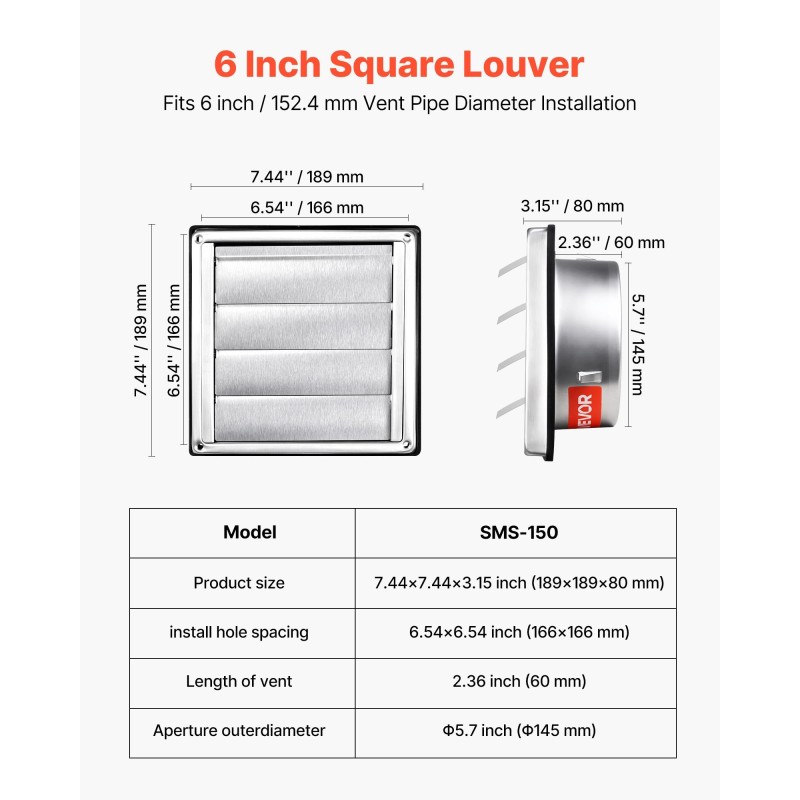 Seinäasennettava ilmanvaihtoritilä 145 mm SUS304 ruostumaton teräs kumitiivisteellä