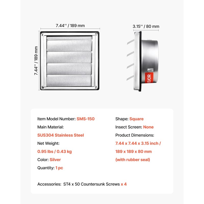Seinäasennettava ilmanvaihtoritilä 145 mm SUS304 ruostumaton teräs kumitiivisteellä
