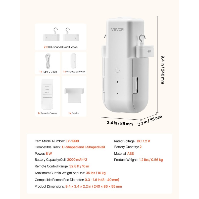 Sähköinen älyverhonavaaja ABS-kuori U- ja I-kiskoille 16 kg mobiiliohjauksella