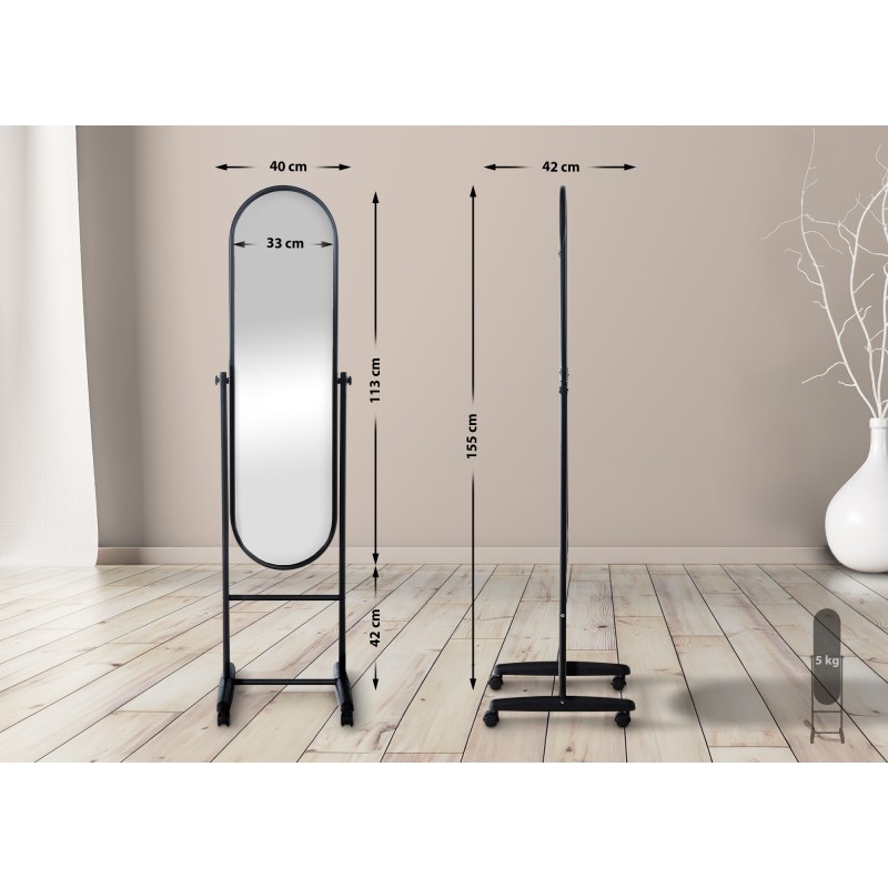 Soikea metallirunkoinen peili pyörillä, eri värejä