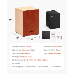 Cajon-rumpu mahonki- ja poppelirungolla koivupaneelilla pyöreällä ääniaukolla kitarakielillä kuljetuspussilla