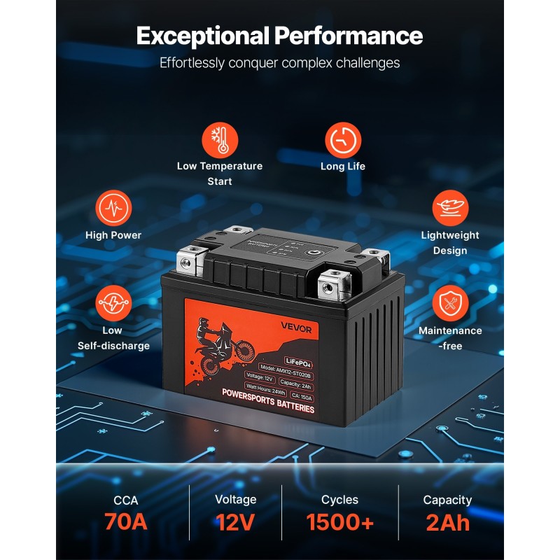 Moottoripyörä- ja harrasteajoneuvoakku 12V 2Ah litiumrautafosfaatti esiladattu huoltovapaa